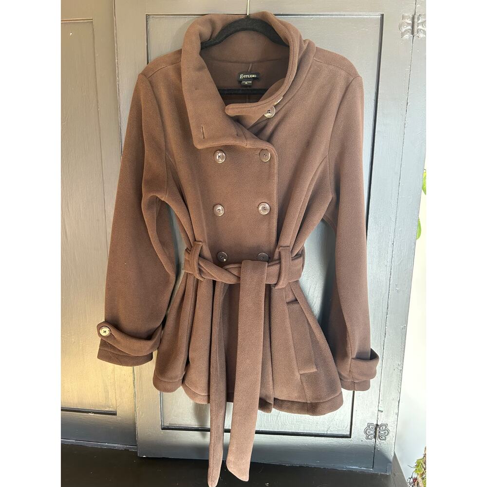 E-Style Philhobar Design Brown Cozy Fleece Belted Pea Coat